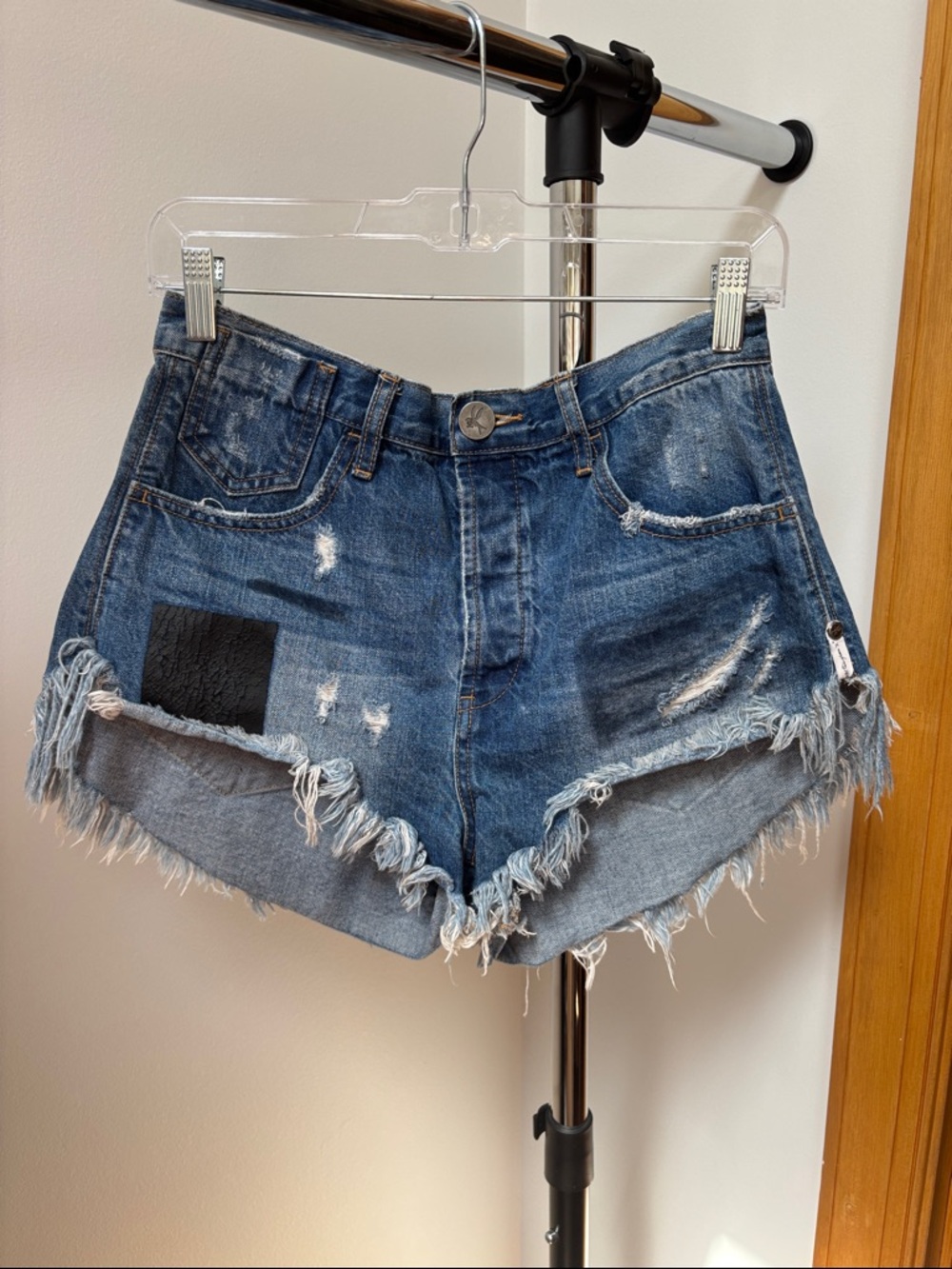 One Teaspoon Distressed Dark Blue Frayed Hem Micro Denim Shorts
